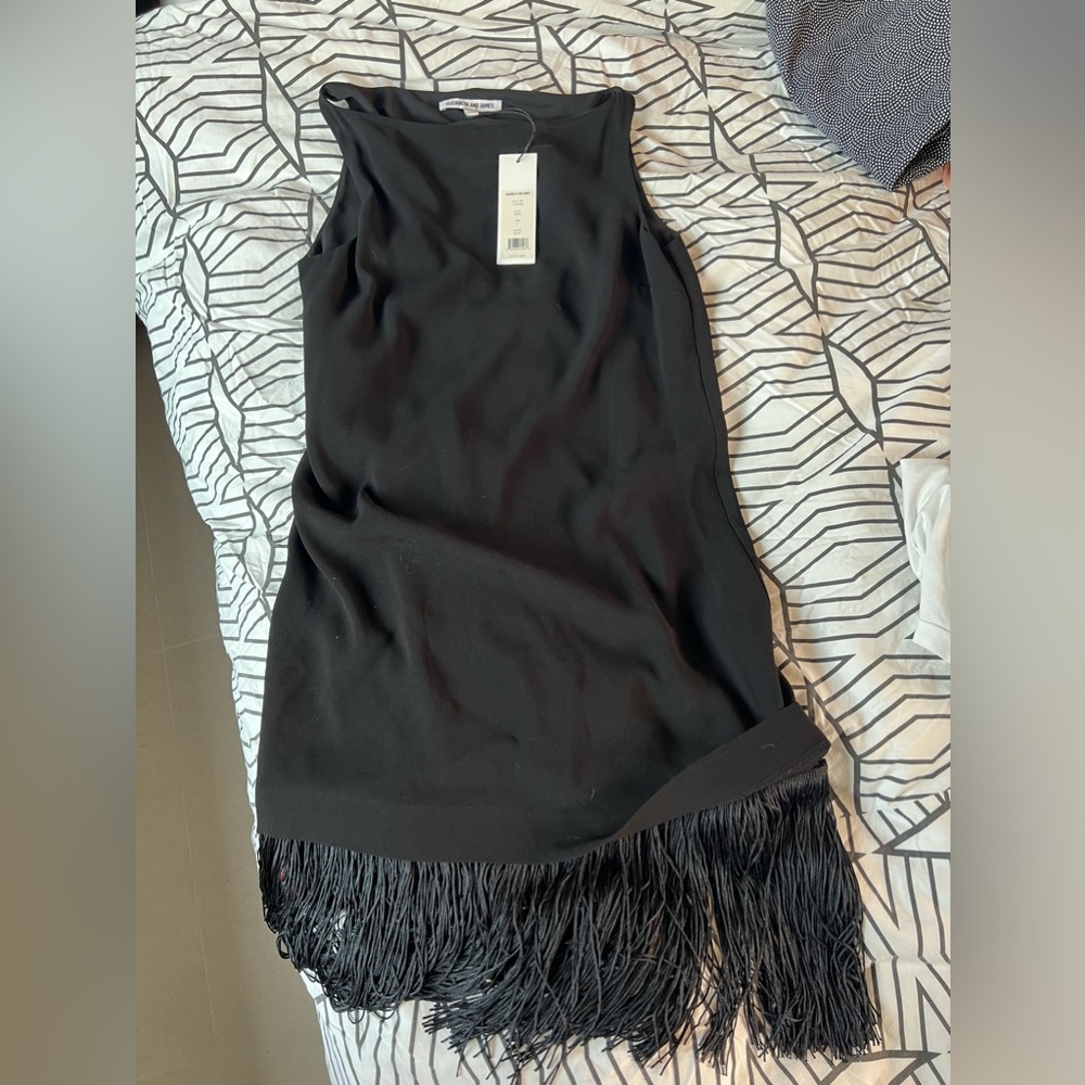 Classic Elizabeth and James Black Fringe Midi Dress (lightly hemmed for petites)